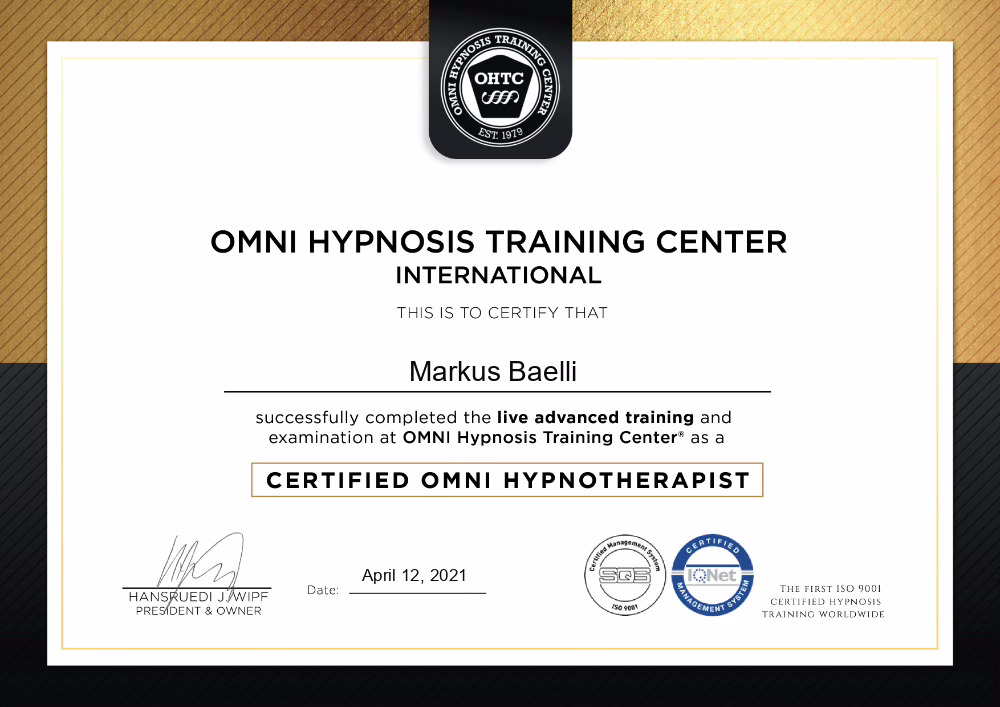 Diplom Certified Omni Hypnotherapist – Markus Baelli, OHTC International, April 2021
